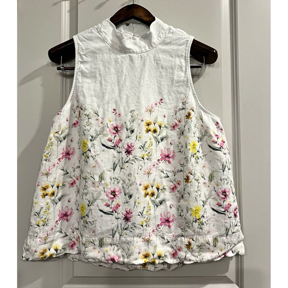 Crown & Ivy White Floral High Neck Sleeveless Scallop Tank Top L 0073
